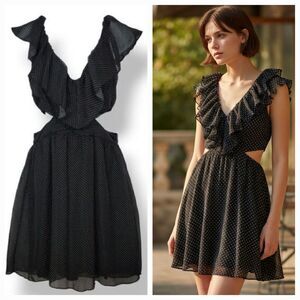 NEW Vintage 90s Y2K Speechless Polka Dot Chiffon Ruffle Cut Out Waist Dress